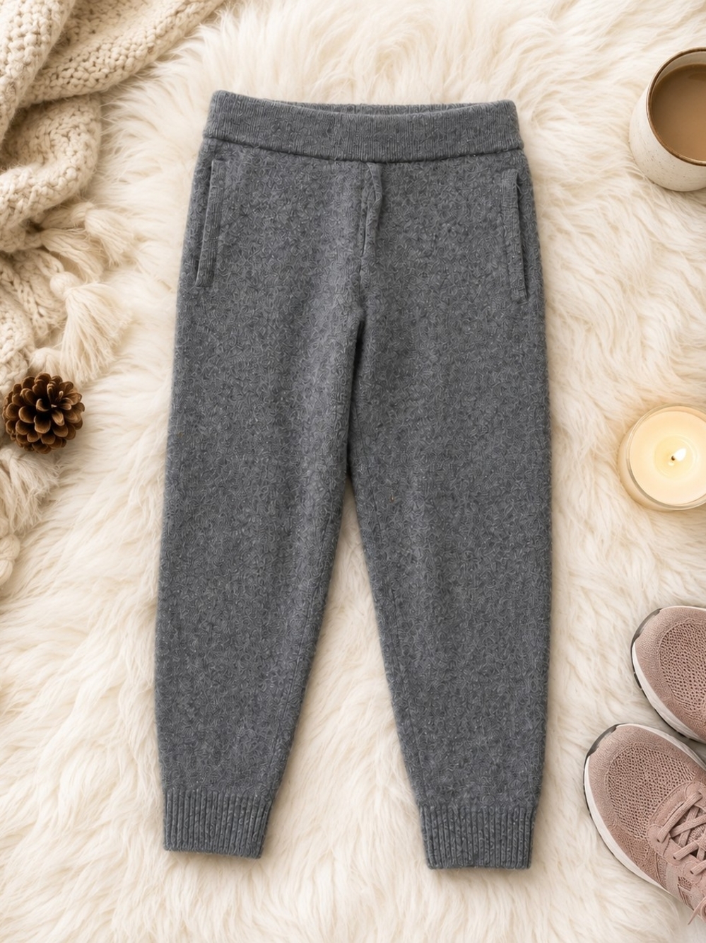 Gentle Herd 100% Cashmere Knit Jogger Pants Gray Size L Zip Pockets